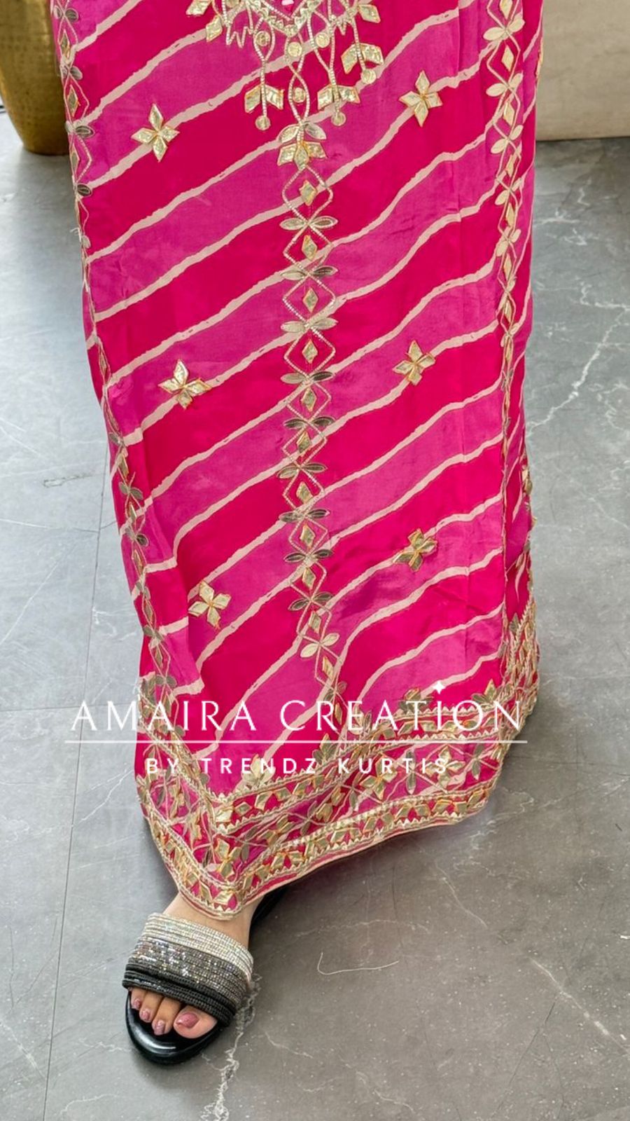 Premium Crepe Hot Pink Colour Lehriya Pattern Gotta Patti Work Unstitched Suit With Beautiful Silk Dupatta