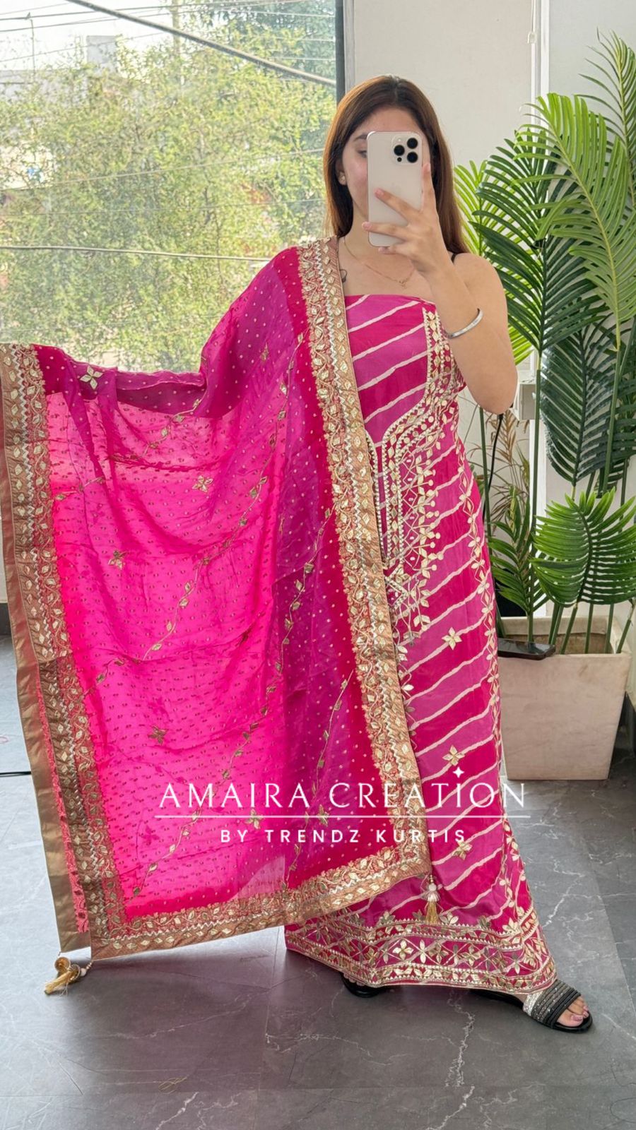 Premium Crepe Hot Pink Colour Lehriya Pattern Gotta Patti Work Unstitched Suit With Beautiful Silk Dupatta