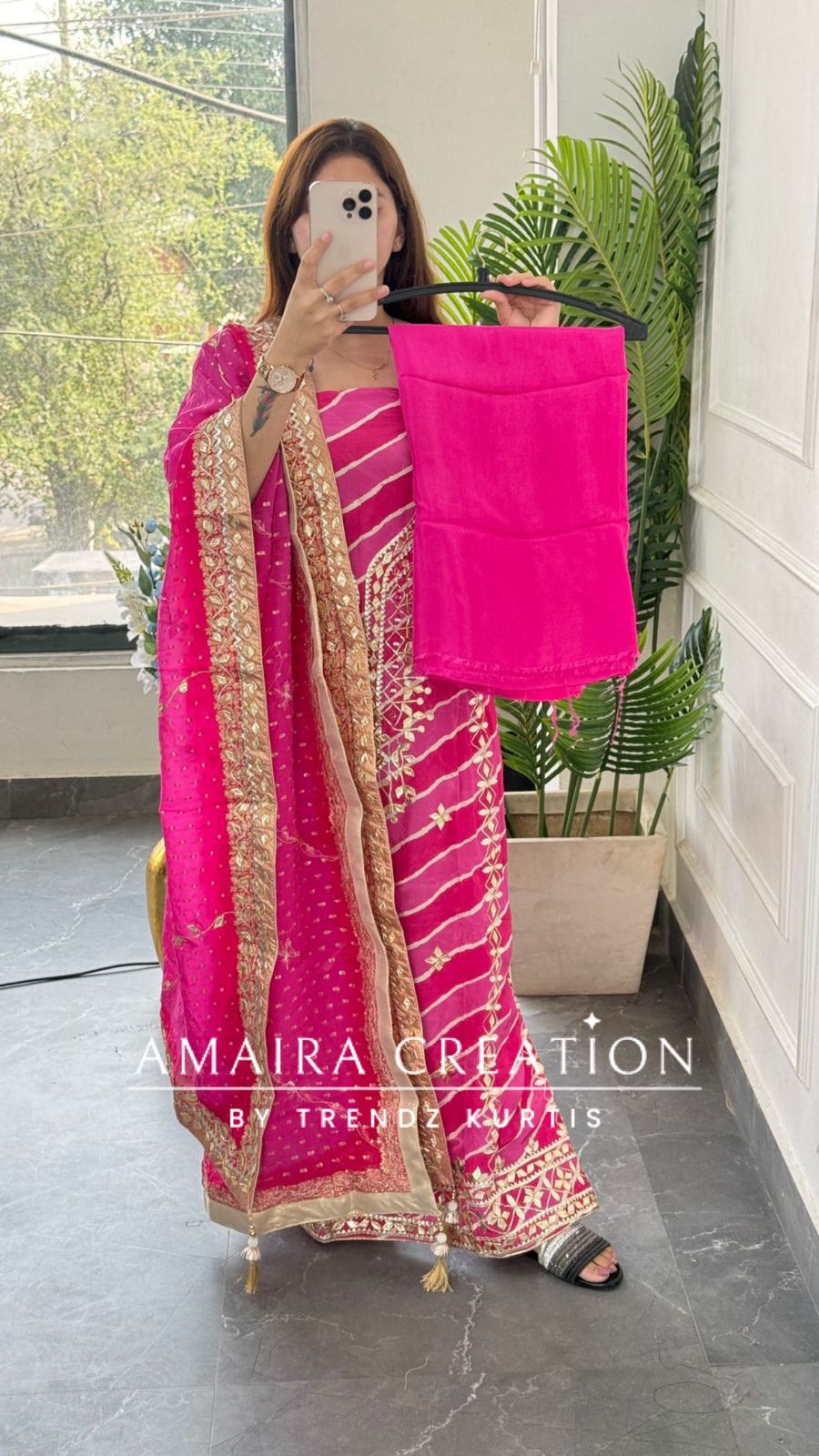Premium Crepe Hot Pink Colour Lehriya Pattern Gotta Patti Work Unstitched Suit With Beautiful Silk Dupatta