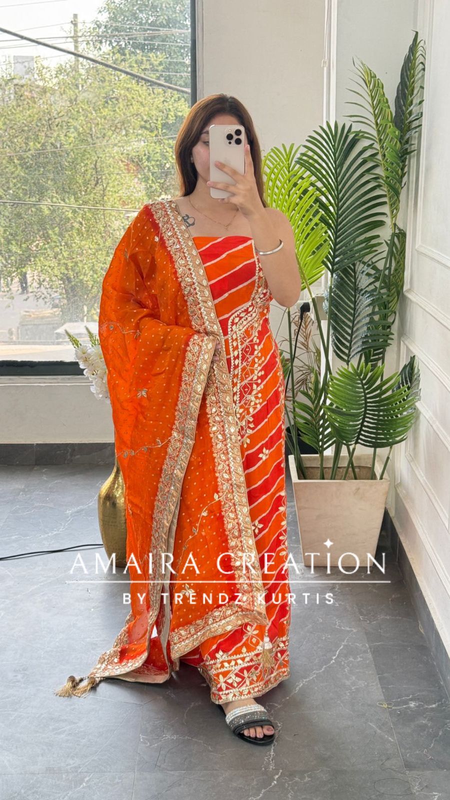 Premium Crepe Orange Colour Lehriya Pattern Gotta Patti Work Unstitched Suit With Beautiful Silk Dupatta