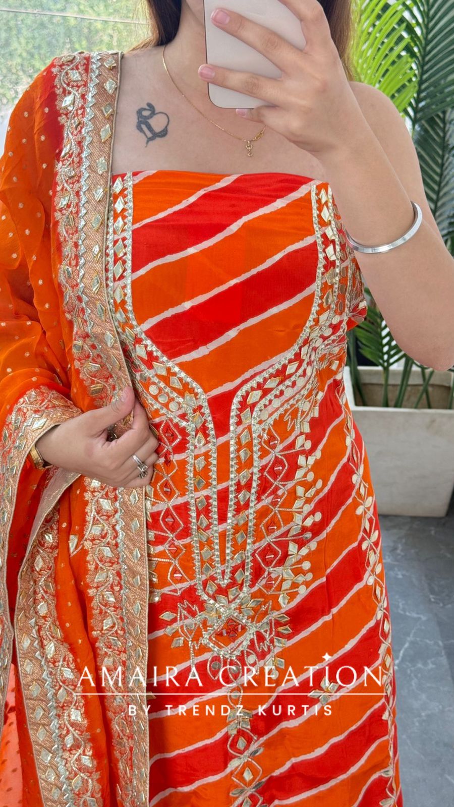 Premium Crepe Orange Colour Lehriya Pattern Gotta Patti Work Unstitched Suit With Beautiful Silk Dupatta