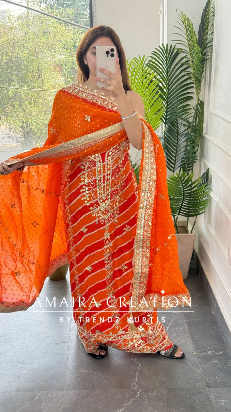 Premium Crepe Orange Colour Lehriya Pattern Gotta Patti Work Unstitched Suit With Beautiful Silk Dupatta