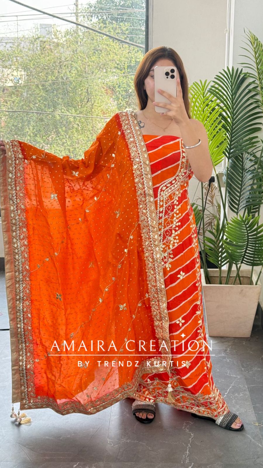 Premium Crepe Orange Colour Lehriya Pattern Gotta Patti Work Unstitched Suit With Beautiful Silk Dupatta