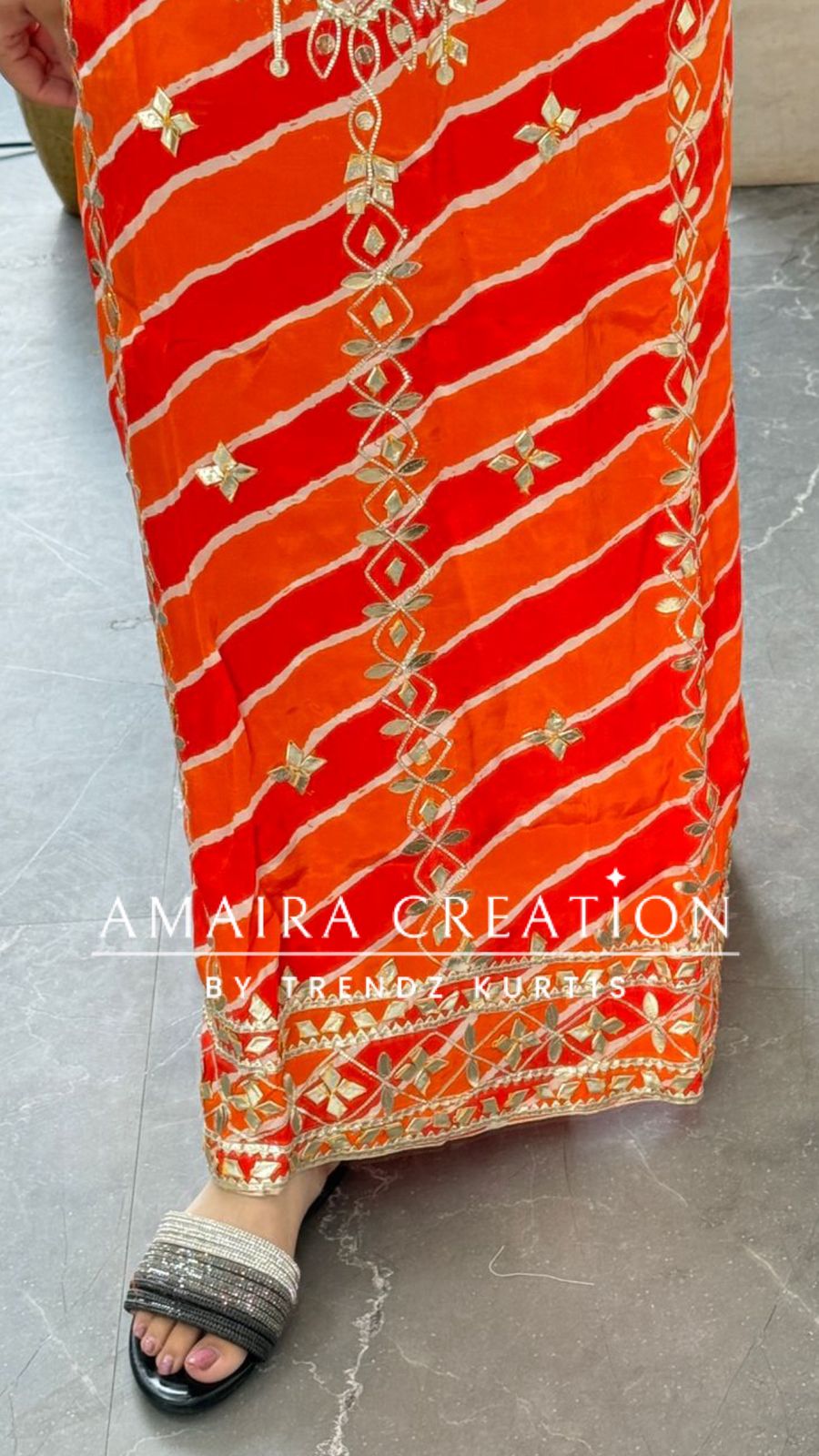 Premium Crepe Orange Colour Lehriya Pattern Gotta Patti Work Unstitched Suit With Beautiful Silk Dupatta