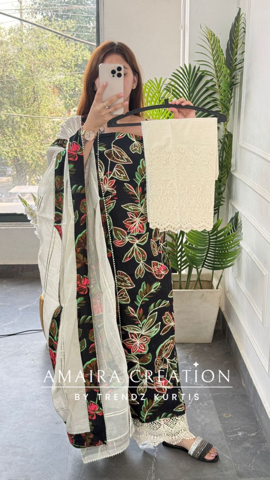 Premium Cotton Black Colour Gotta Work unstitched Suit With Chikan Cotton Bottom