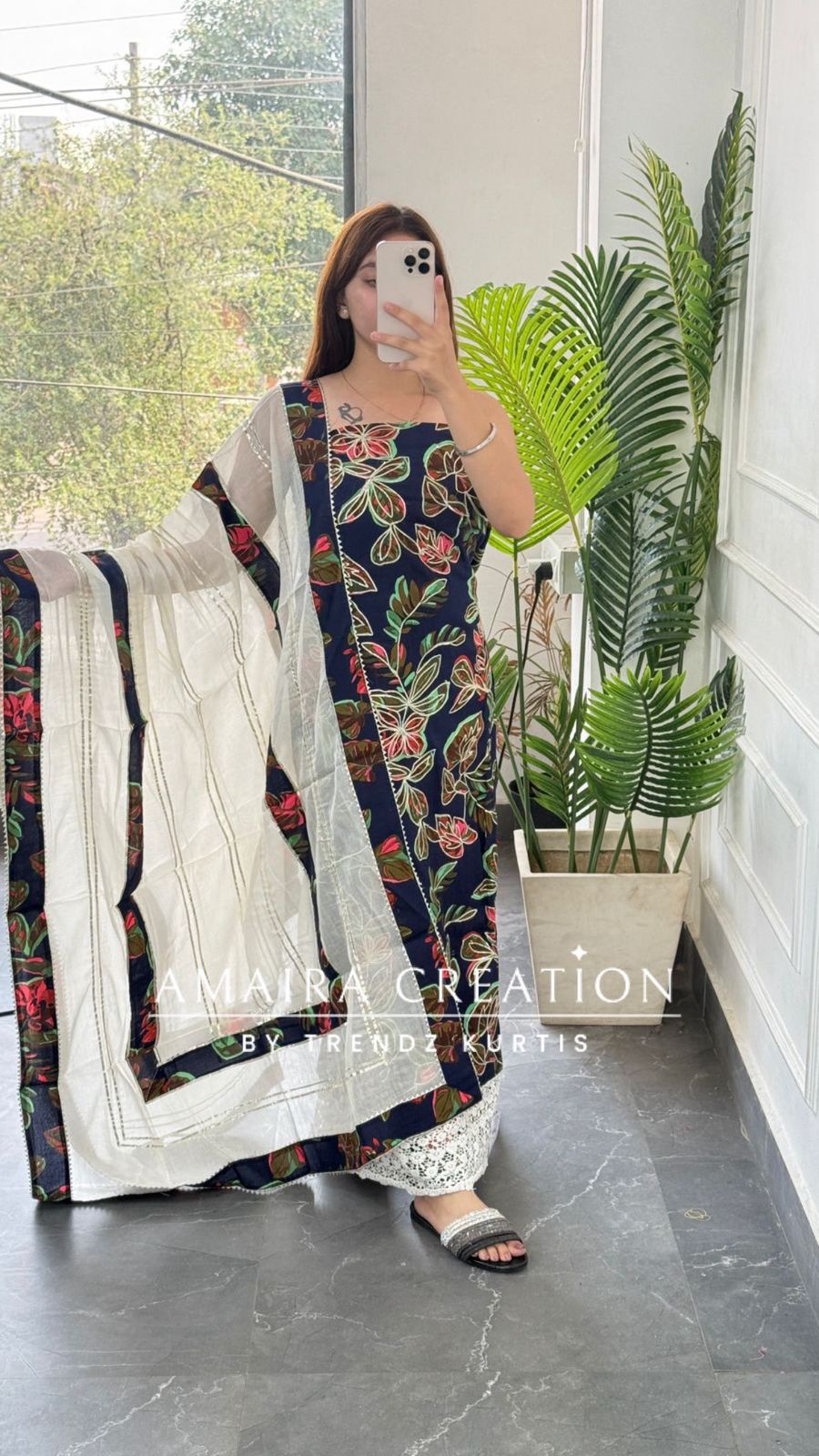 Premium Cotton Navy Blue Colour Gotta Work unstitched Suit With Chikan Cotton Bottom