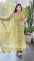 Premium Mul Chanderi Pista Green Thread & Zari Work Unstitched Suit