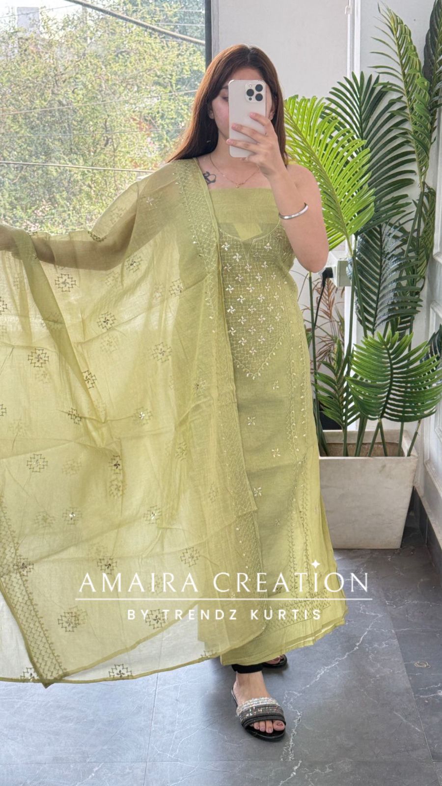 Premium Mul Chanderi Pista Green Thread & Zari Work Unstitched Suit