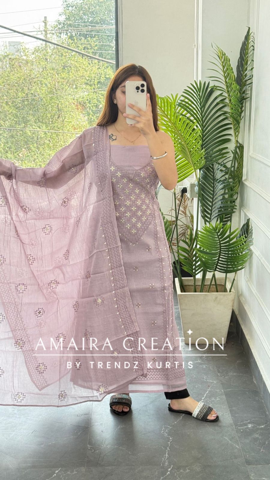 Premium Mul Chanderi Lavender Thread & Zari Work Unstitched Suit