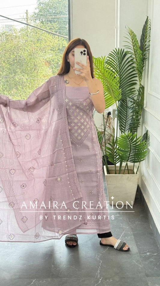 Premium Mul Chanderi Lavender Thread & Zari Work Unstitched Suit