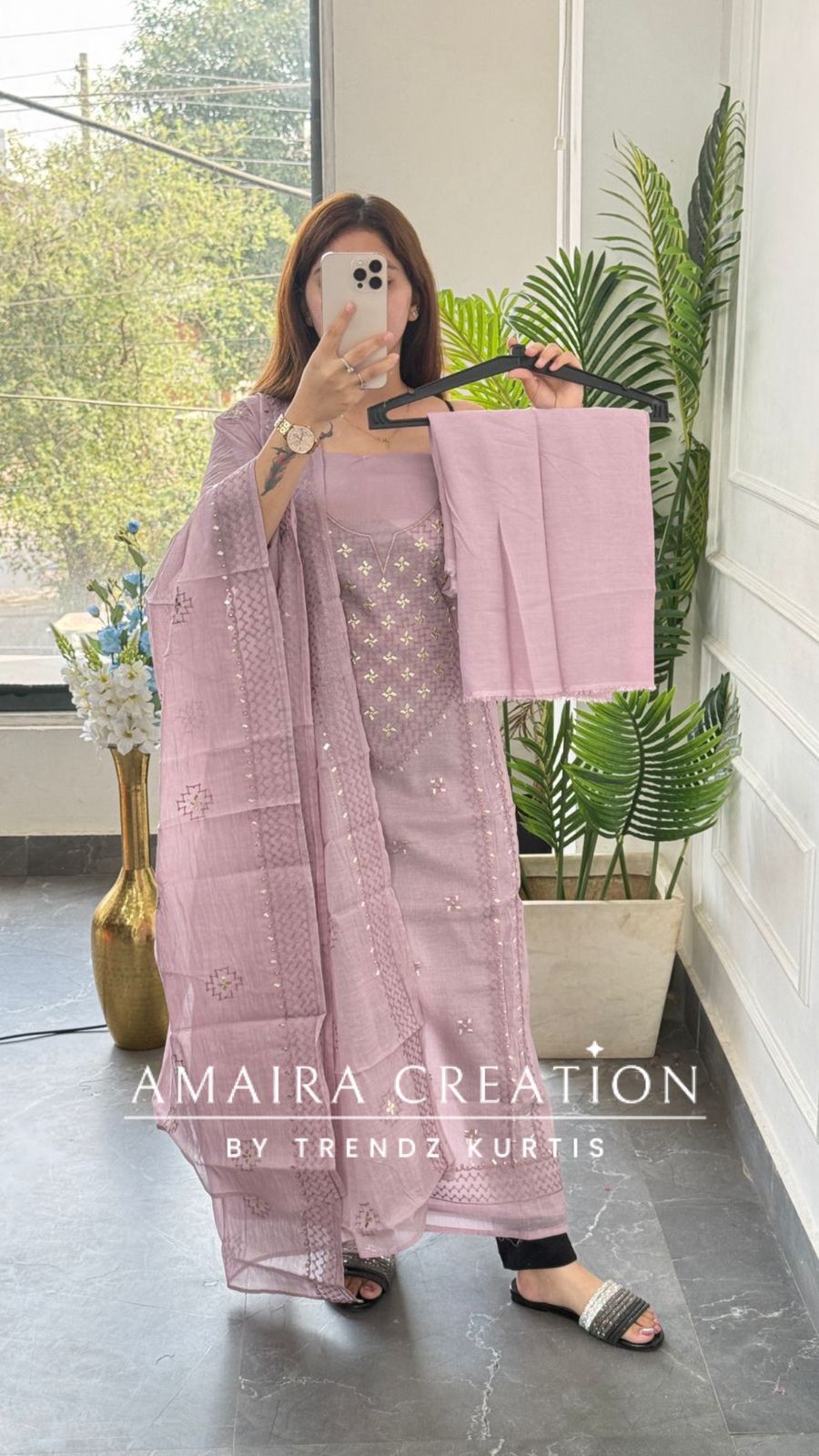 Premium Mul Chanderi Lavender Thread & Zari Work Unstitched Suit