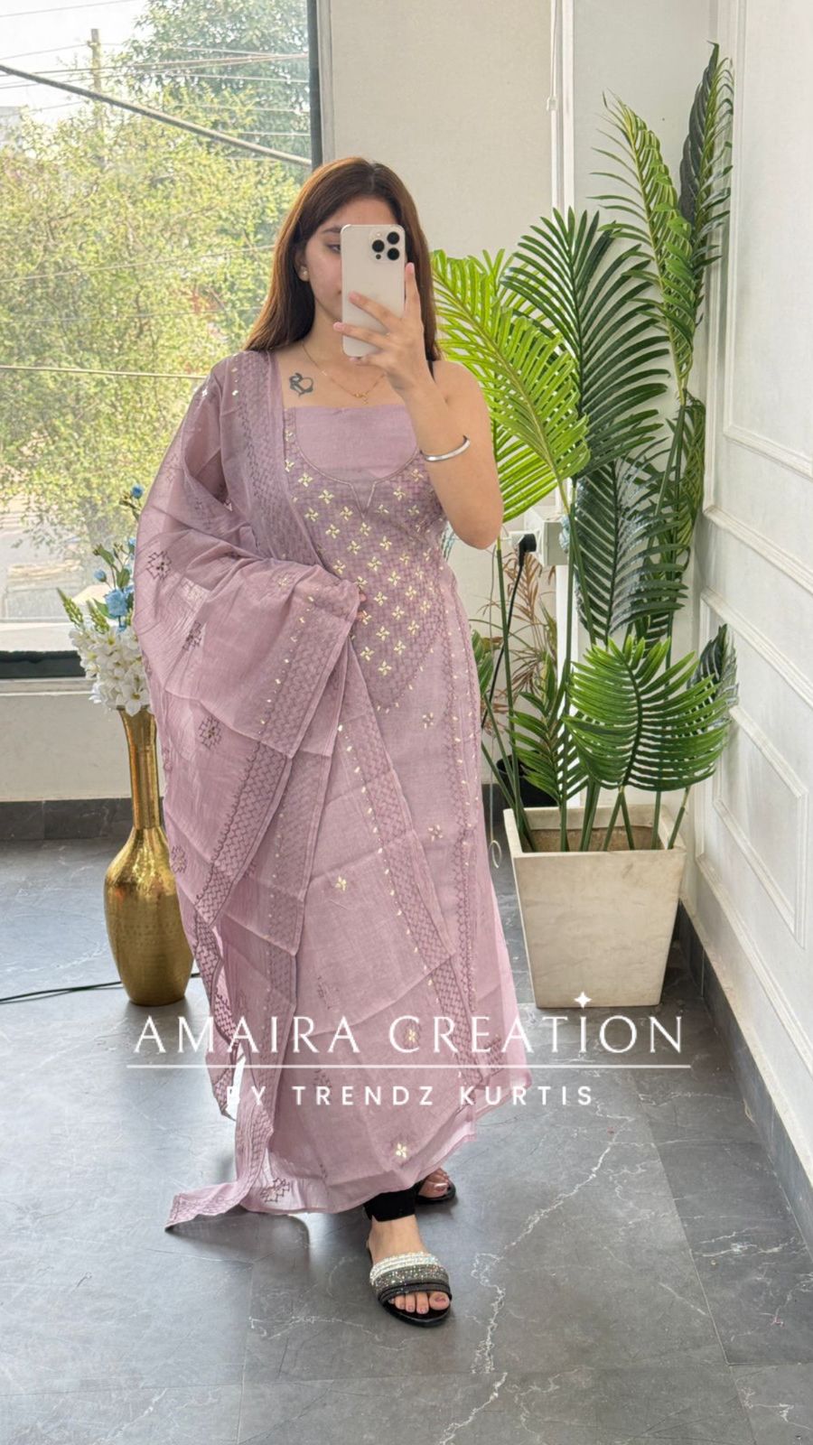Premium Mul Chanderi Lavender Thread & Zari Work Unstitched Suit