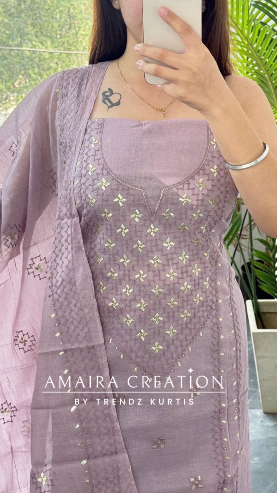 Premium Mul Chanderi Lavender Thread & Zari Work Unstitched Suit