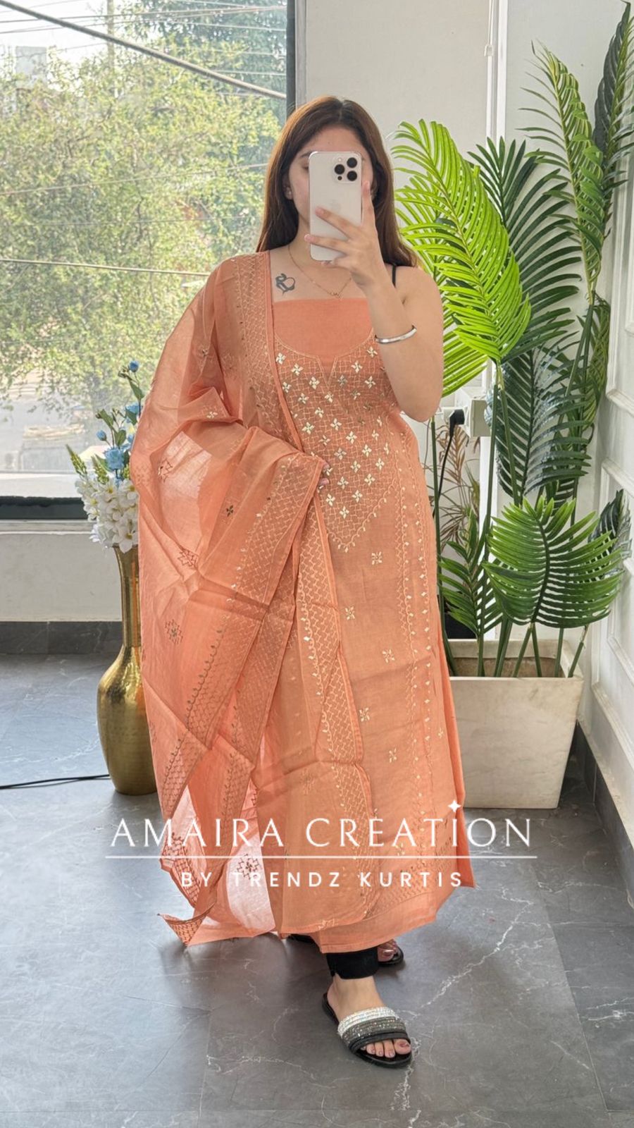 Premium Mul Chanderi Peach Thread & Zari Work Unstitched Suit