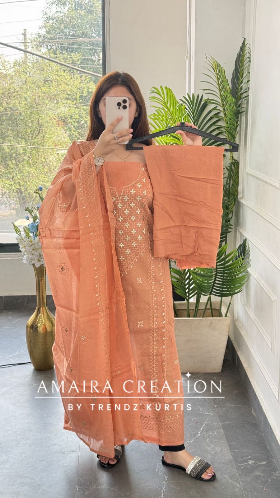 Premium Mul Chanderi Peach Thread & Zari Work Unstitched Suit