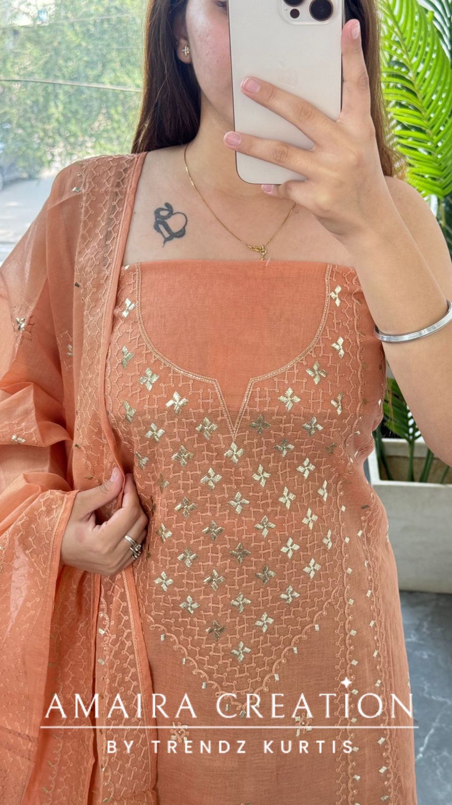 Premium Mul Chanderi Peach Thread & Zari Work Unstitched Suit