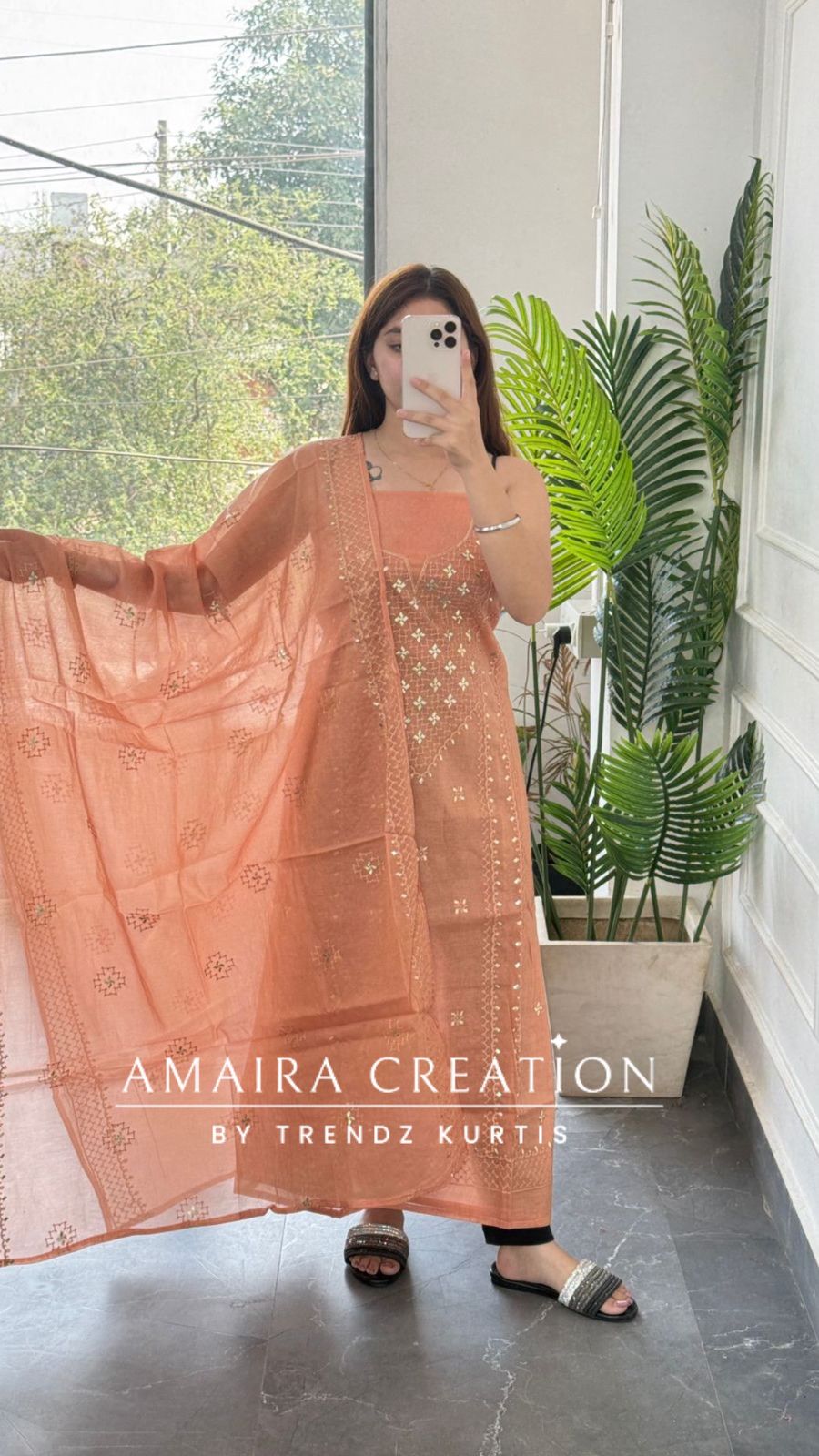 Premium Mul Chanderi Peach Thread & Zari Work Unstitched Suit