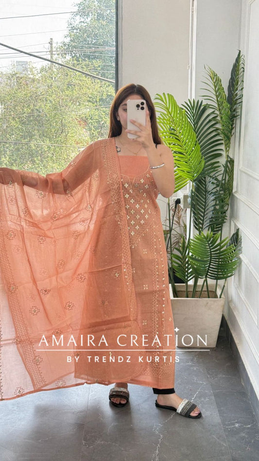 Premium Mul Chanderi Peach Thread & Zari Work Unstitched Suit