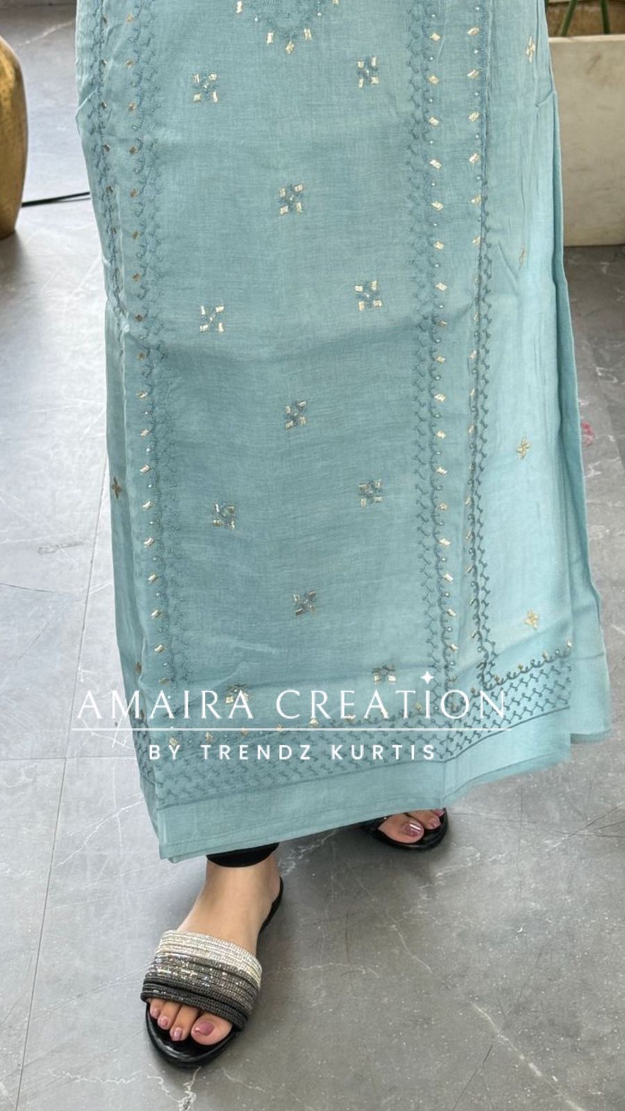 Premium Mul Chanderi Aqua Blue Thread & Zari Work Unstitched Suit
