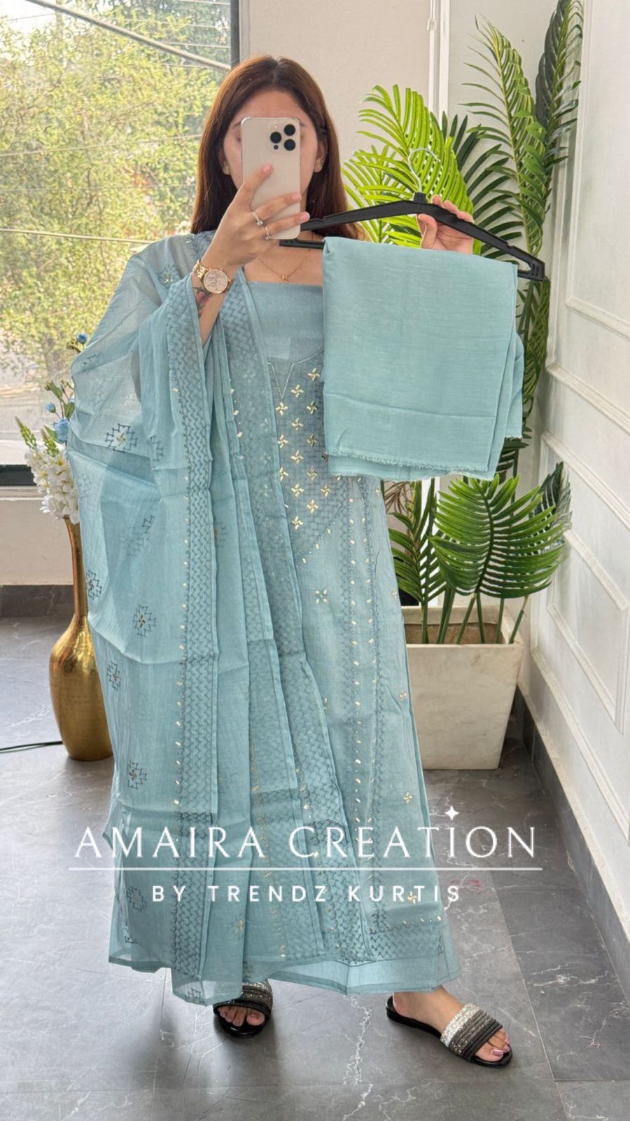 Premium Mul Chanderi Aqua Blue Thread & Zari Work Unstitched Suit