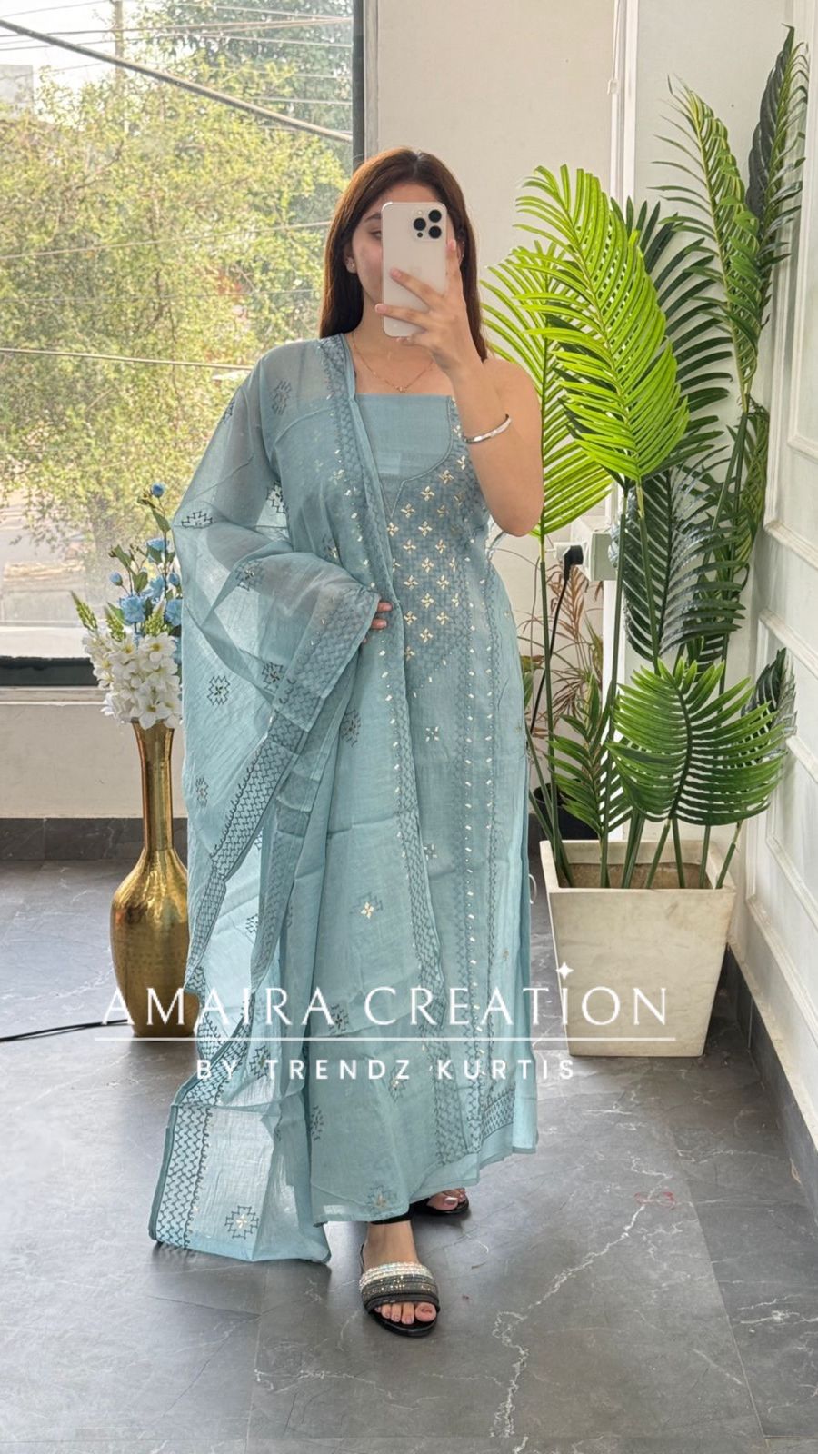 Premium Mul Chanderi Aqua Blue Thread & Zari Work Unstitched Suit