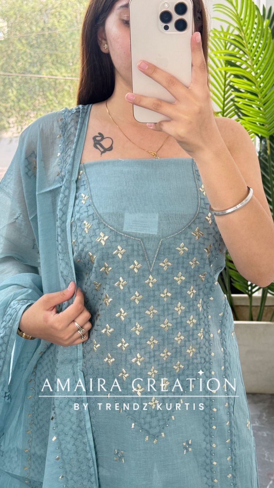 Premium Mul Chanderi Aqua Blue Thread & Zari Work Unstitched Suit