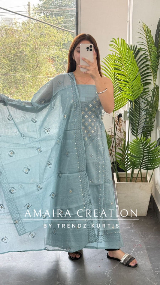 Premium Mul Chanderi Aqua Blue Thread & Zari Work Unstitched Suit