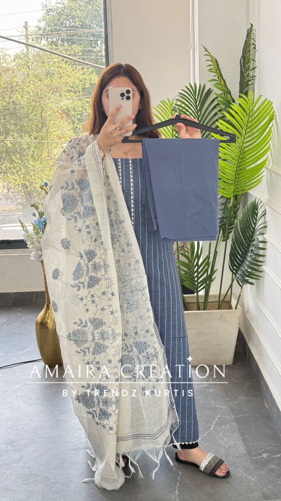 Premium Cotton Denim Blue Colour Colour Unstitched Suit With Embroidery Kota Dupatta