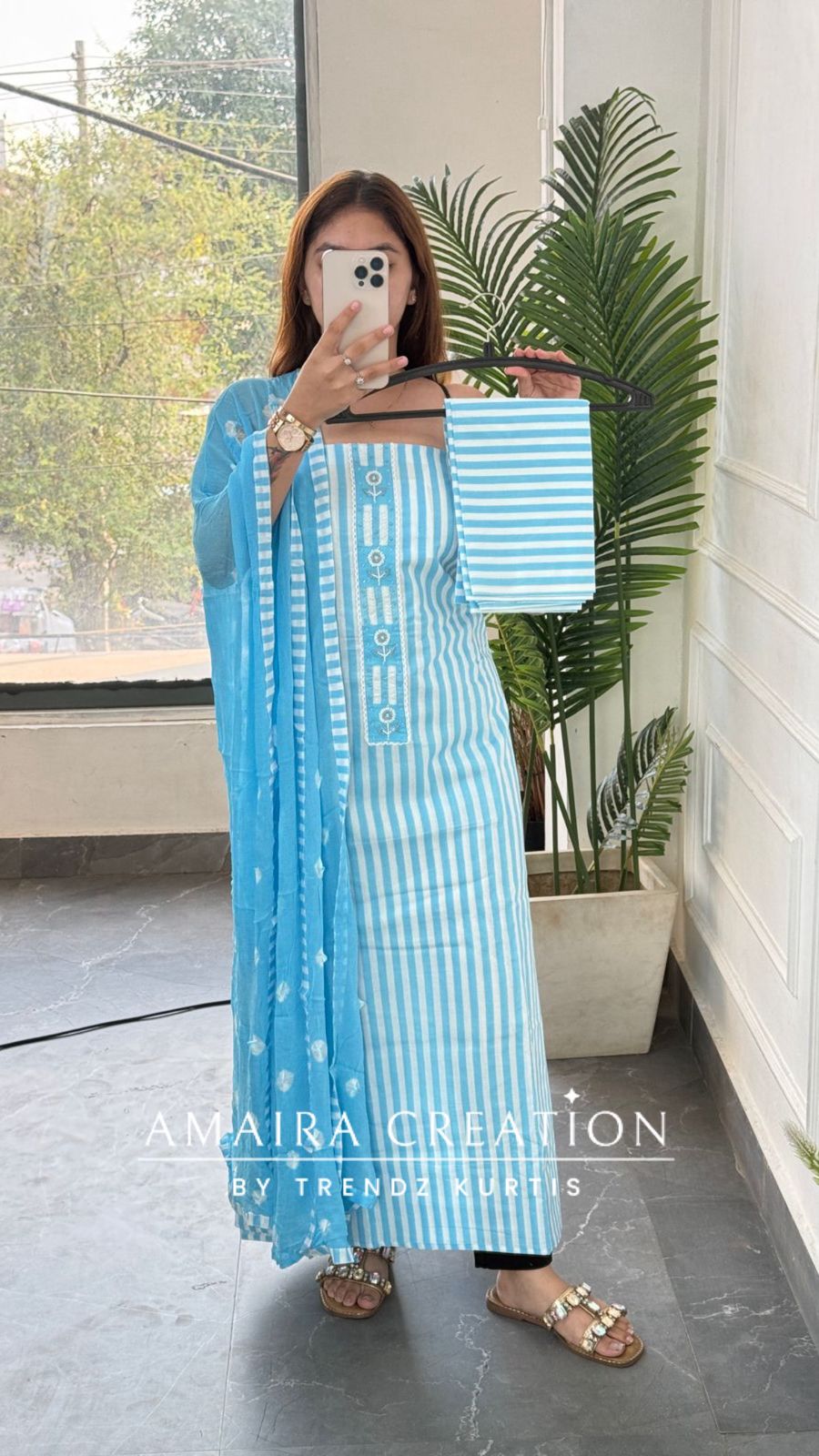 Premium Cotton Powder Blue Colour Unstitched Suits with Beautiful Bandhej Print Chiffon Dupatta