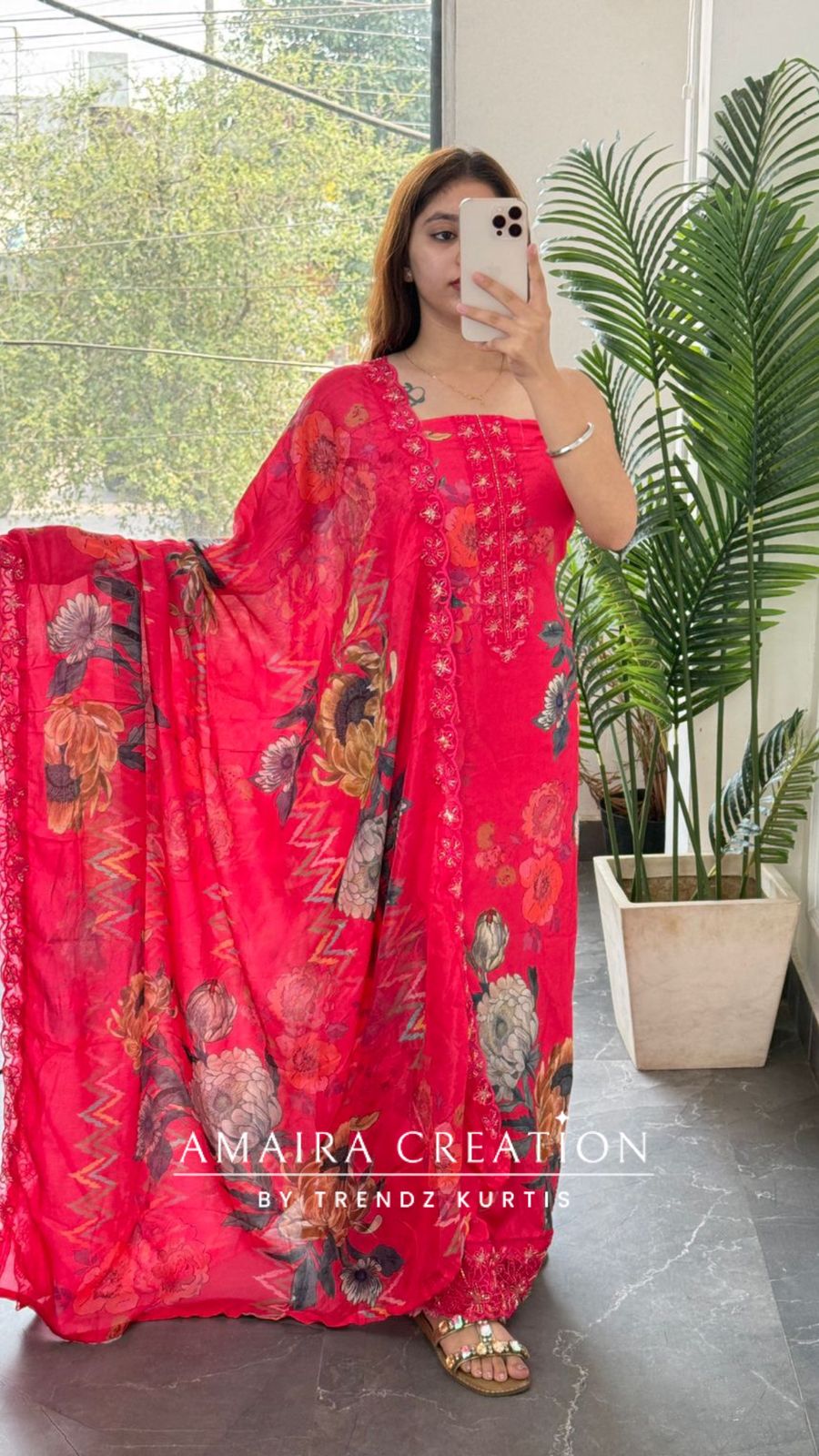 Premium Soft Muslin Magenta pink Colour Floral Print Unstitch Suit