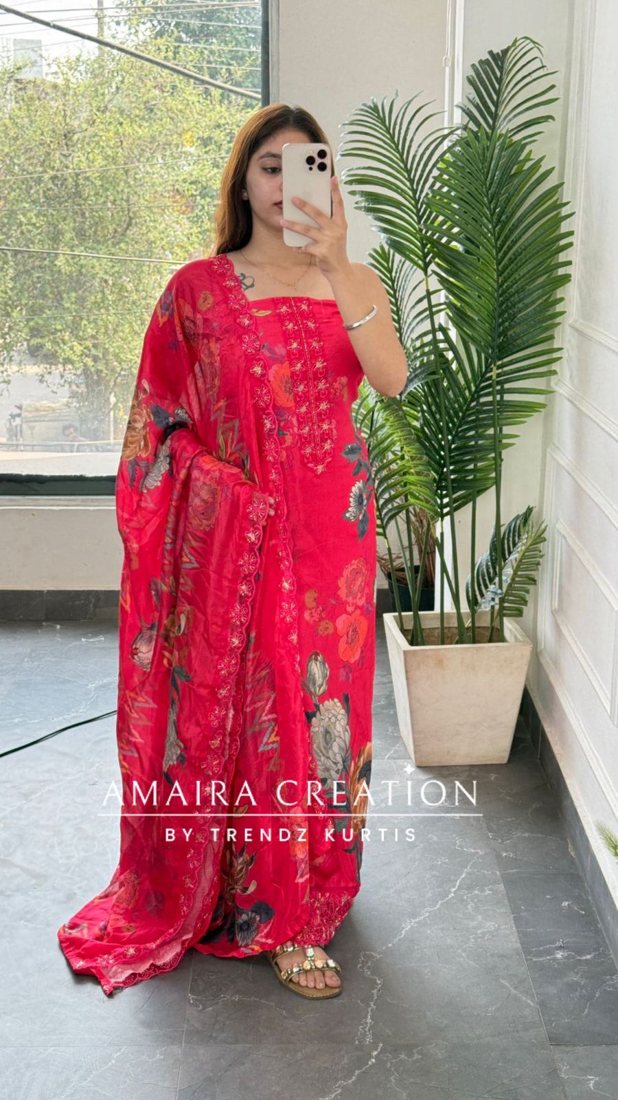 Premium Soft Muslin Magenta pink Colour Floral Print Unstitch Suit