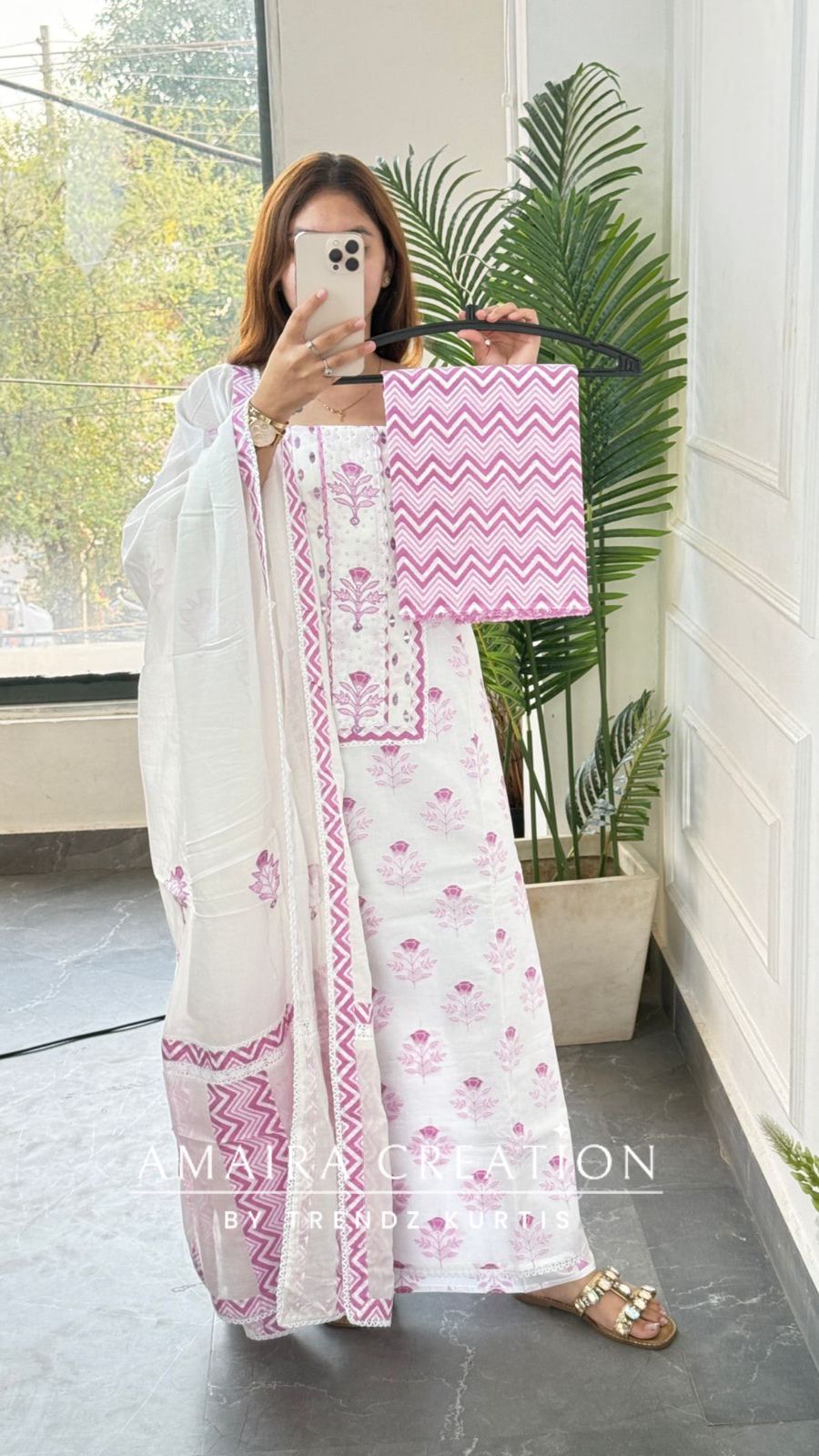 Premium Cotton white Mauve Colour Unstitched Suit with Beautiful Cotton Dupatta