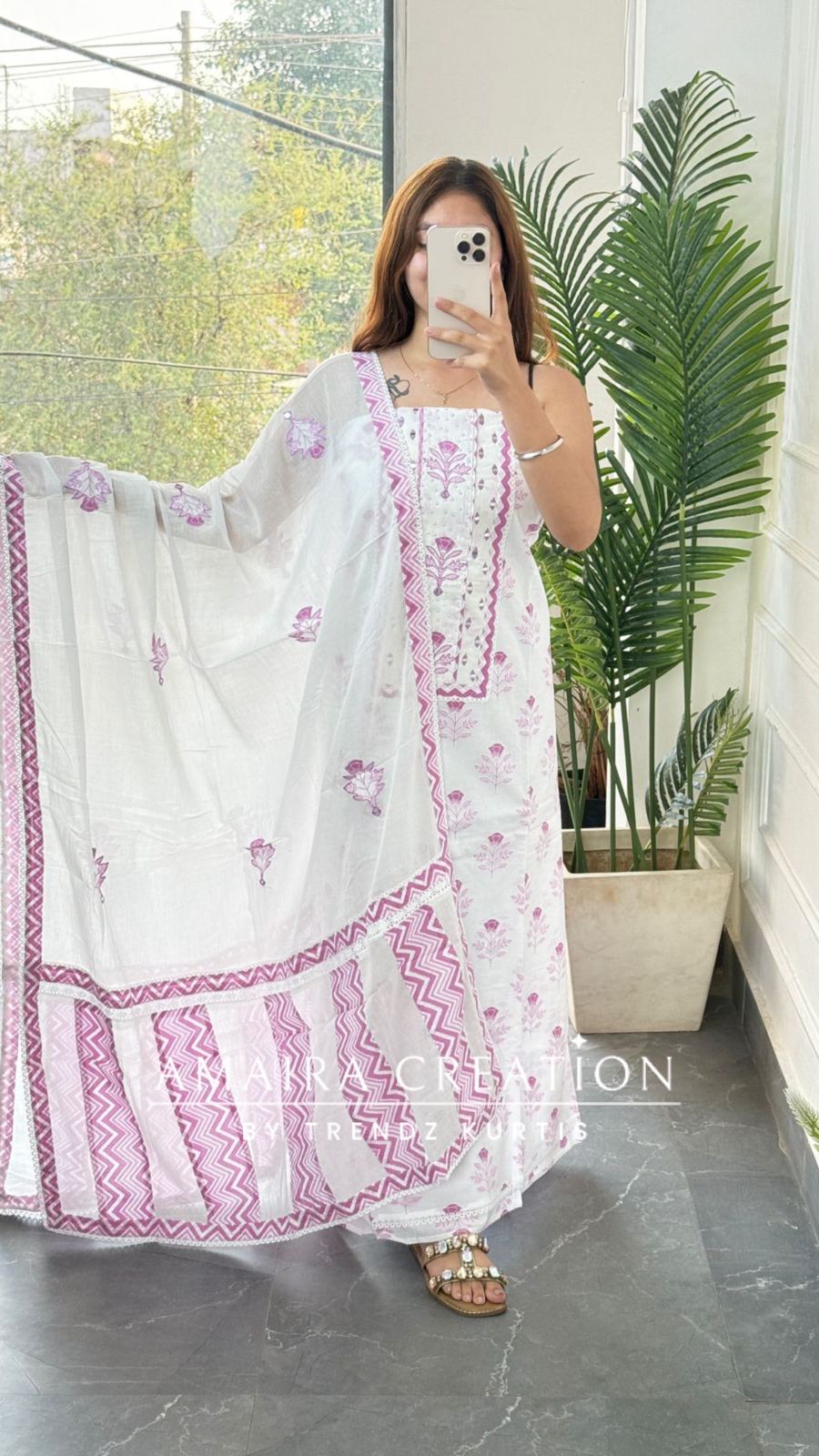 Premium Cotton white Mauve Colour Unstitched Suit with Beautiful Cotton Dupatta