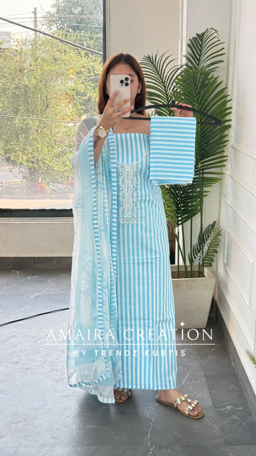 Premium Cotton stripe Pattern Unstitched Suits With Brush Print Dupatta