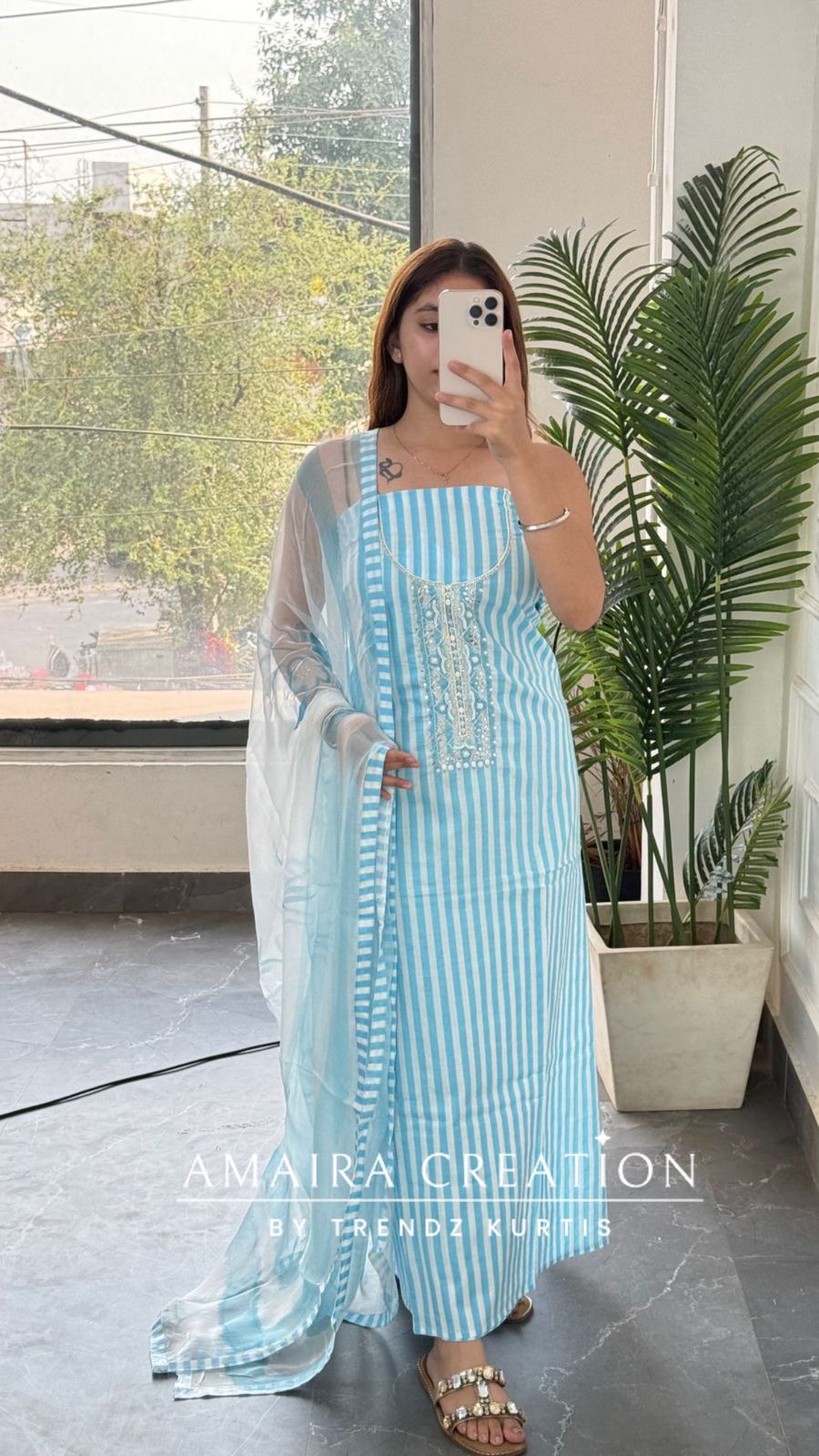 Premium Cotton stripe Pattern Unstitched Suits With Brush Print Dupatta