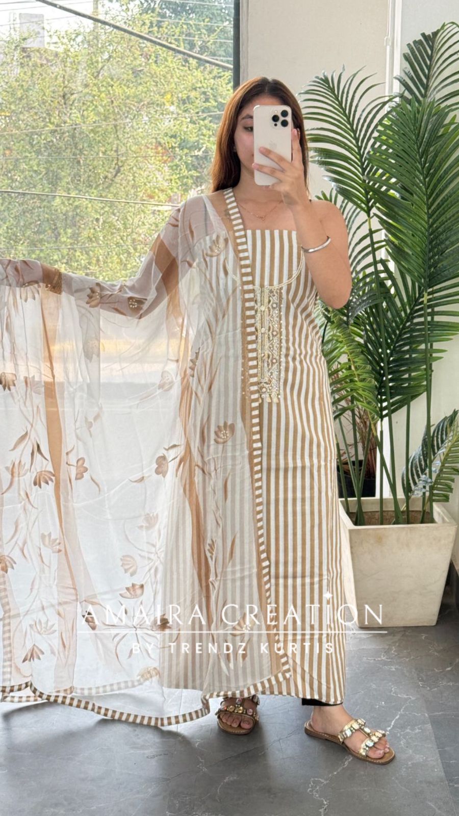 Premium Cotton stripe Pattern Unstitched Suits With Brush Print Dupatta