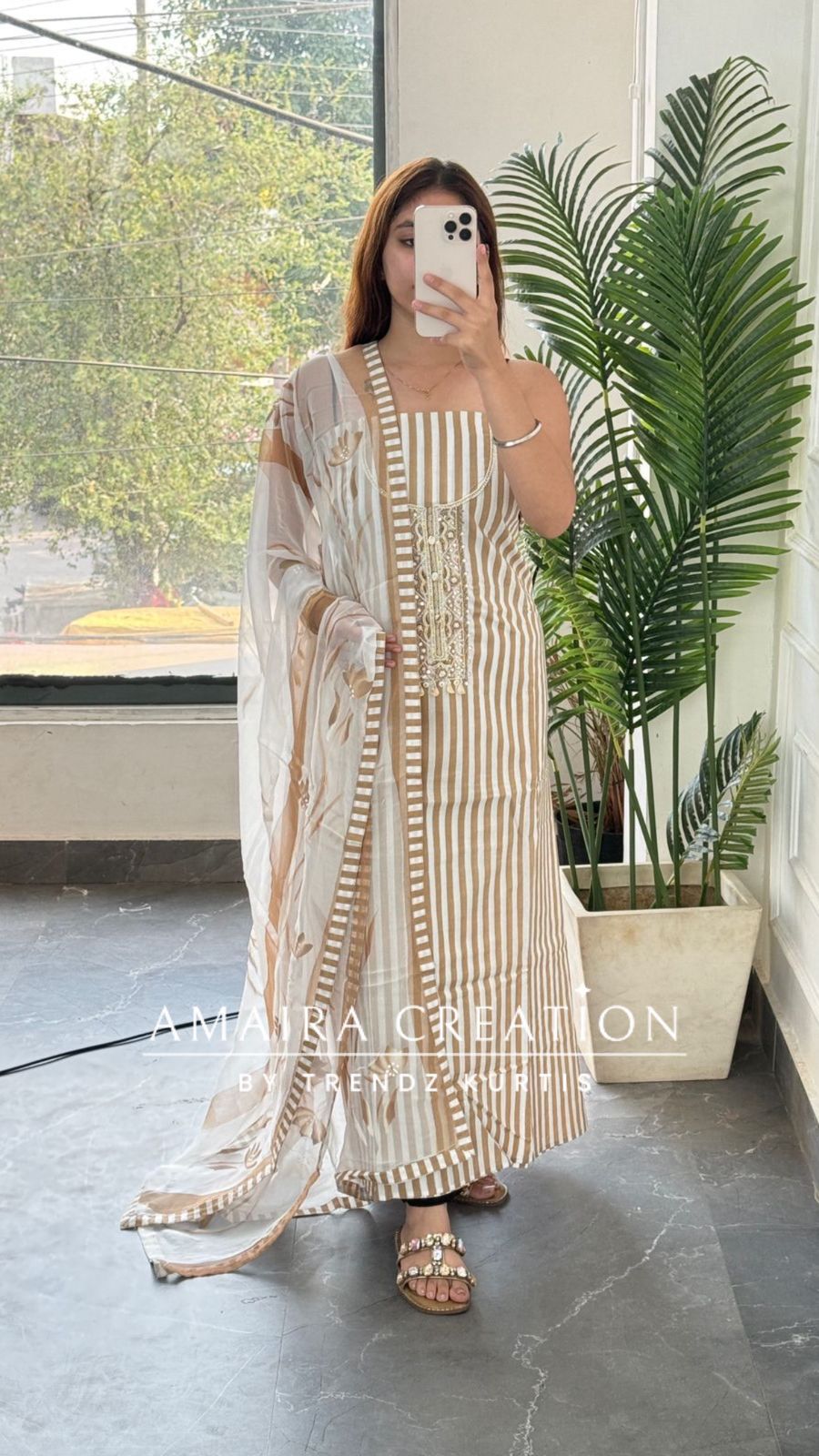 Premium Cotton stripe Pattern Unstitched Suits With Brush Print Dupatta