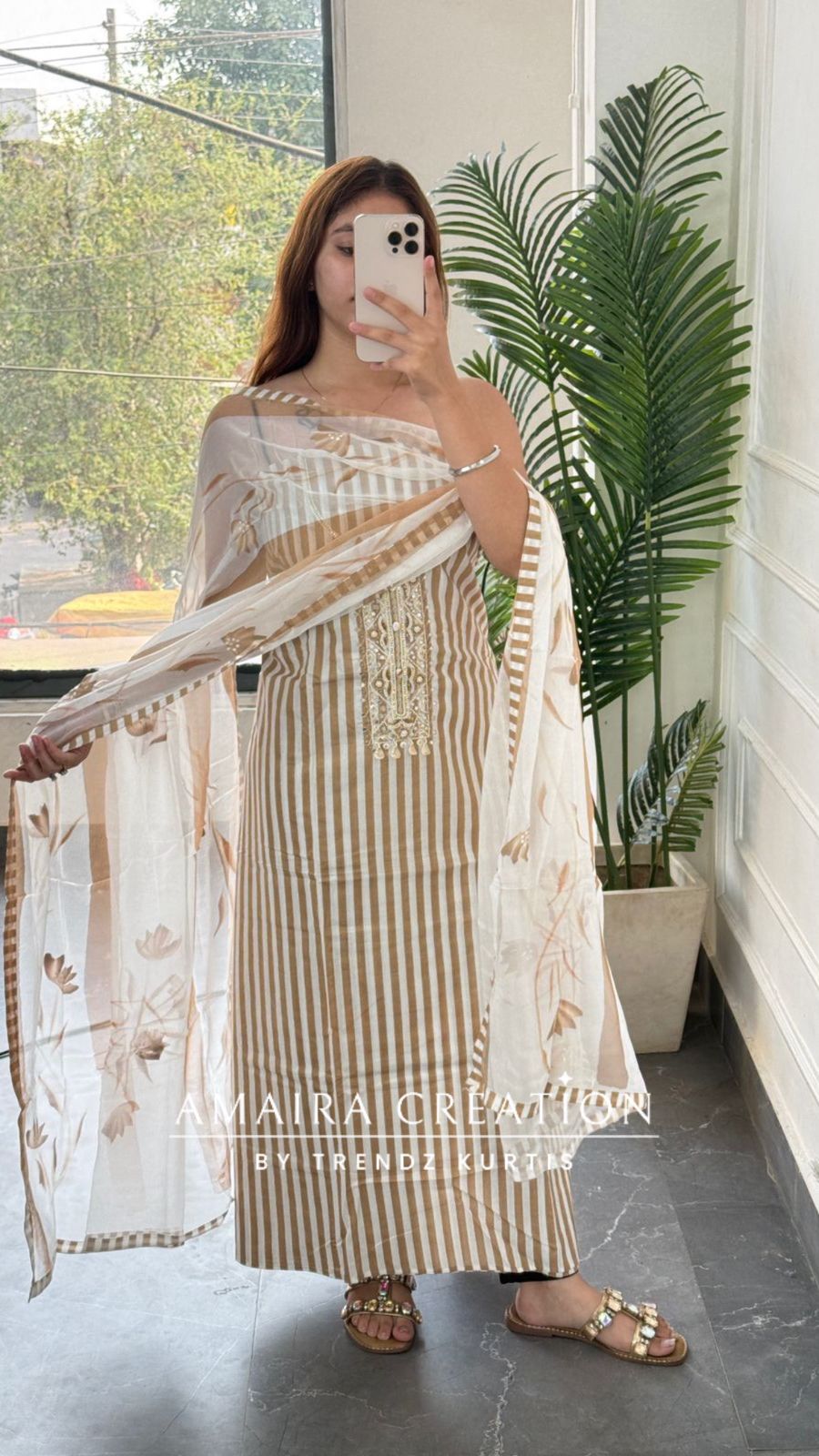 Premium Cotton stripe Pattern Unstitched Suits With Brush Print Dupatta
