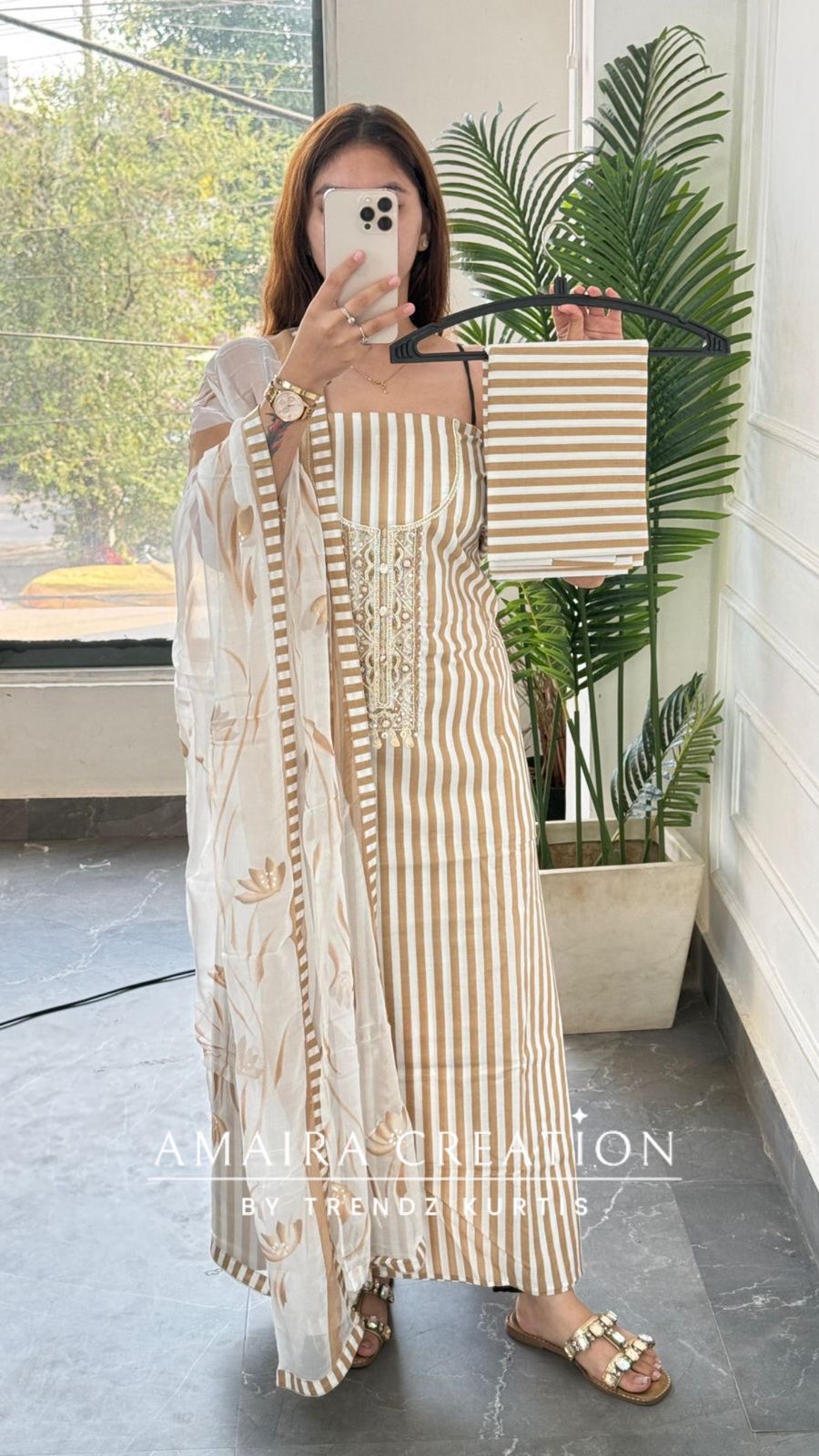 Premium Cotton stripe Pattern Unstitched Suits With Brush Print Dupatta