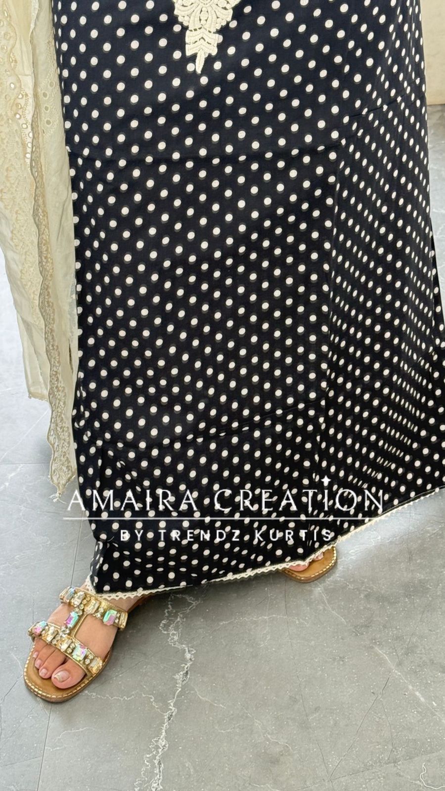 Premium Cotton Black Colour Polka Dot Pattern Thread Embroidery Detailing Unstitched Suit With Chikan Bottom & Dupatta
