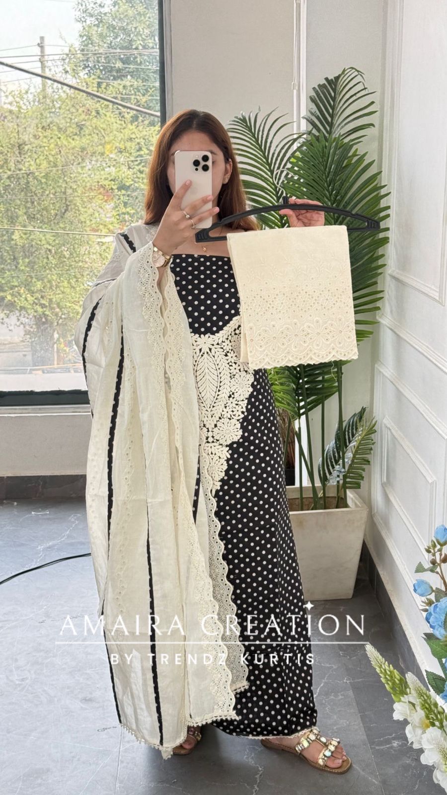 Premium Cotton Black Colour Polka Dot Pattern Thread Embroidery Detailing Unstitched Suit With Chikan Bottom & Dupatta