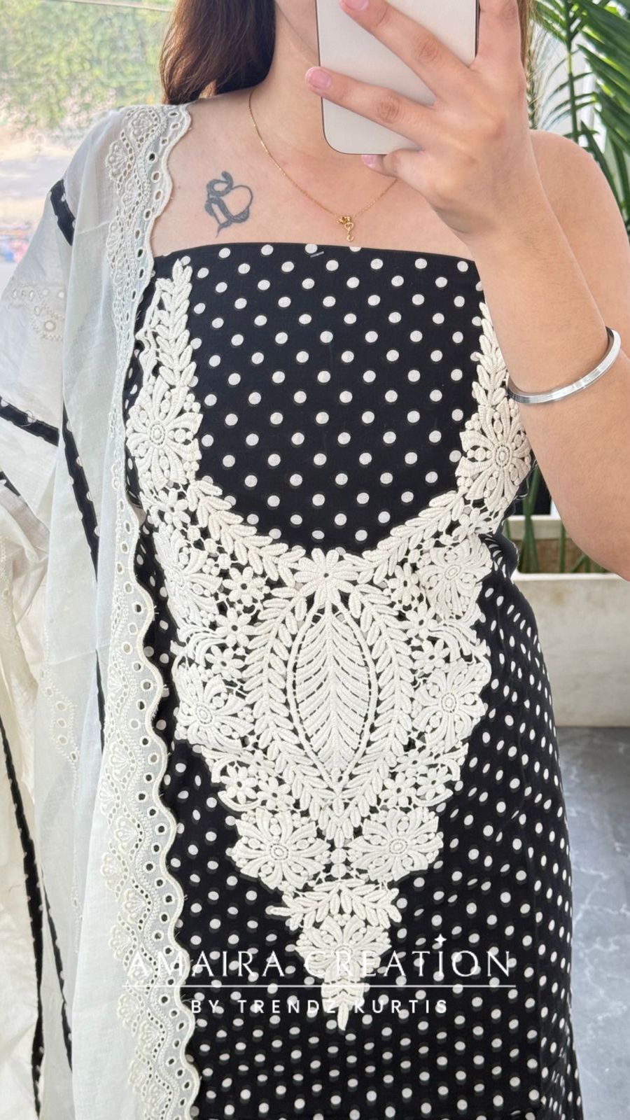 Premium Cotton Black Colour Polka Dot Pattern Thread Embroidery Detailing Unstitched Suit With Chikan Bottom & Dupatta