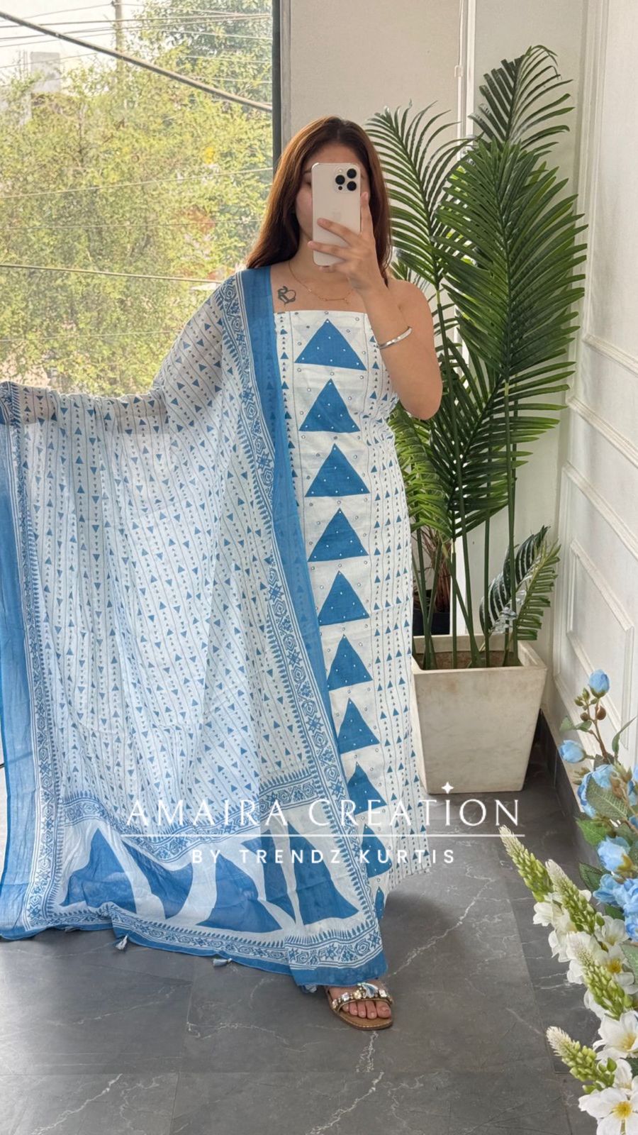 Premium Cotton White & Dark Sky Blue Colour Unstitched Suit