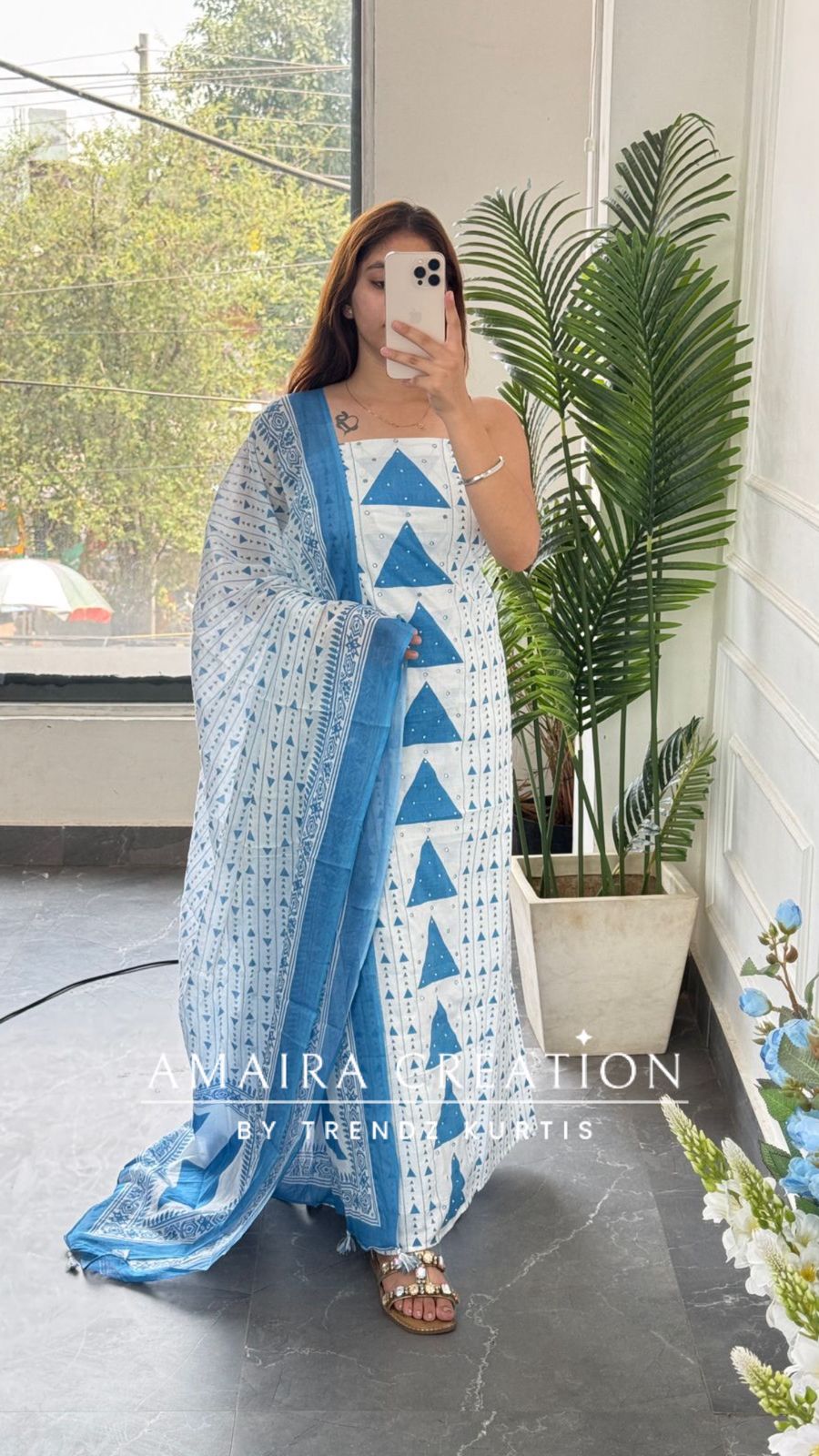 Premium Cotton White & Dark Sky Blue Colour Unstitched Suit
