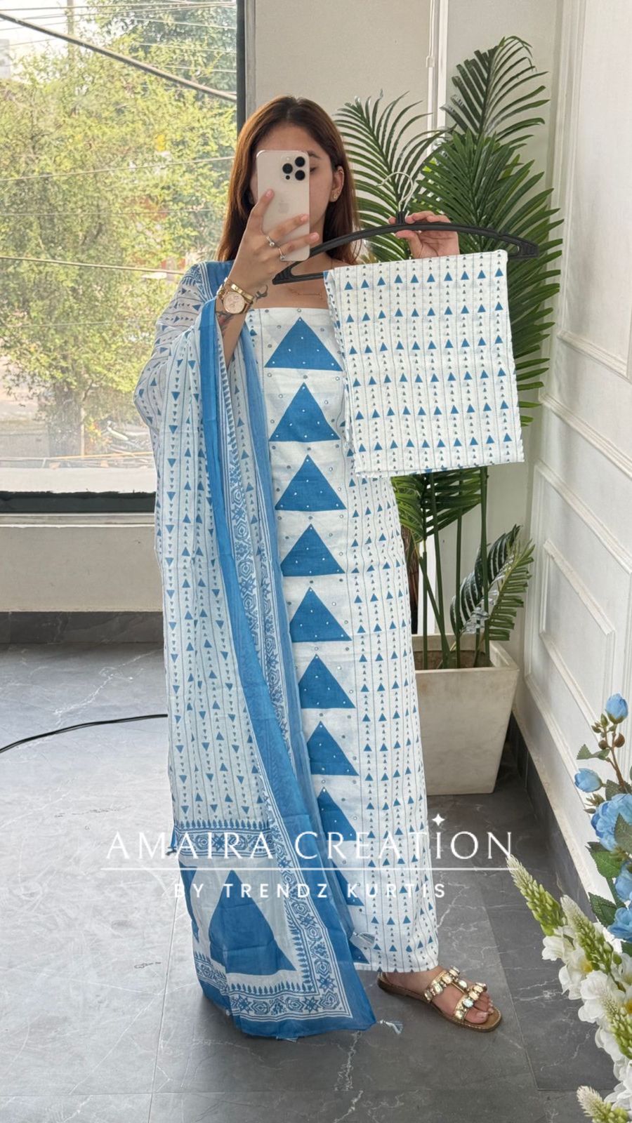 Premium Cotton White & Dark Sky Blue Colour Unstitched Suit