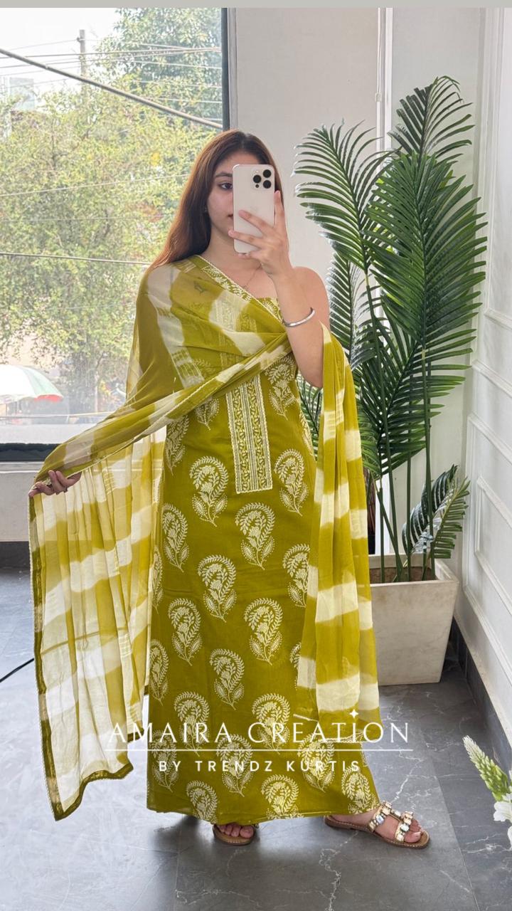 Premium Cotton Mehendi Green Unstitched Suit With Chiffon Dupatta