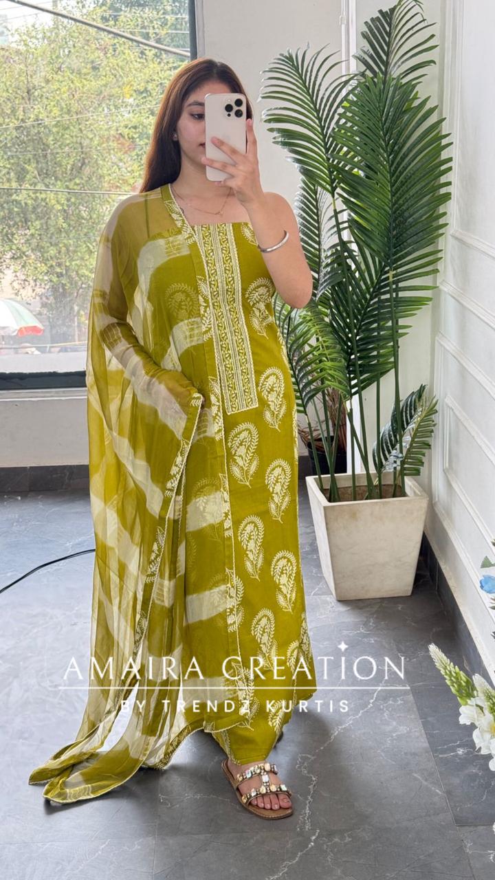 Premium Cotton Mehendi Green Unstitched Suit With Chiffon Dupatta