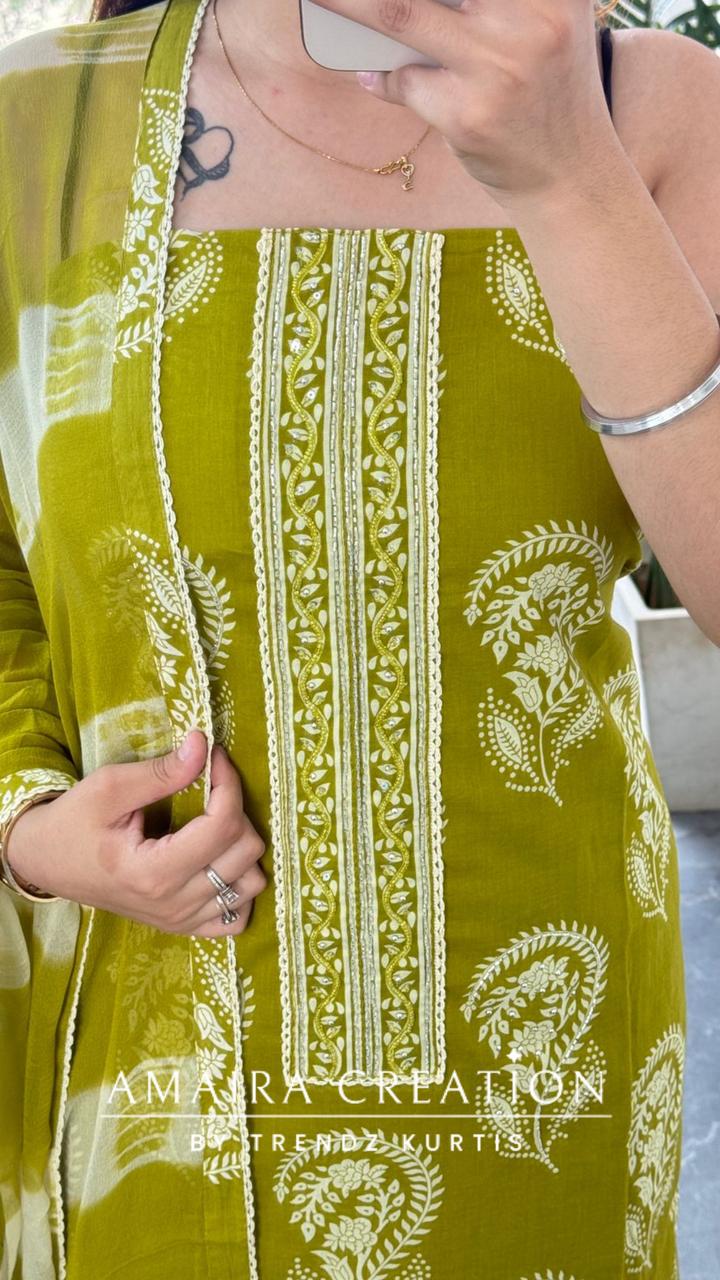 Premium Cotton Mehendi Green Unstitched Suit With Chiffon Dupatta
