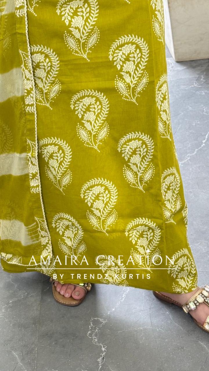 Premium Cotton Mehendi Green Unstitched Suit With Chiffon Dupatta