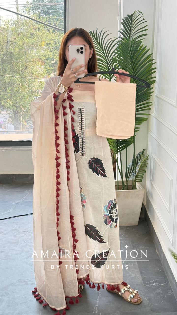 Premium Mul Chanderi Light Peach Colour Patch Work Detailing Unstitched Suit